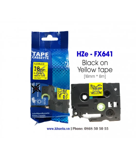 Nhãn in HZe-FX641 (TZe-FX641, TZ2-FX641), 18mm x 8m, Black on Yellow
