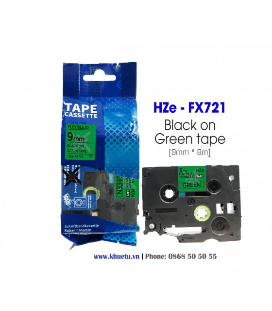 Nhãn in HZe-FX721 (TZe-FX721, TZ2-FX721), 9mm x 8m, Black on Green