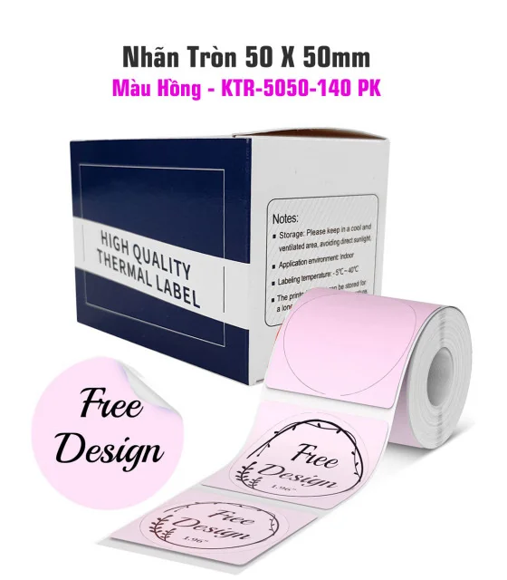 Nhãn tròn 50 x 50mm, màu hồng, KTR-5050-140PK
