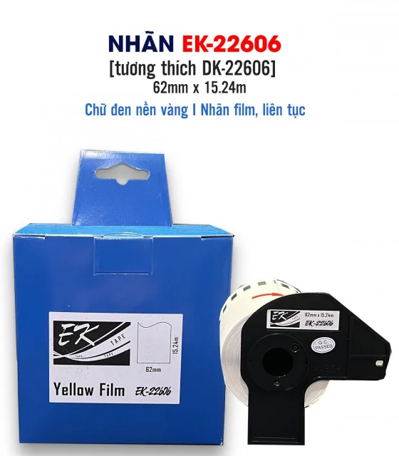 Nhãn film nhựa màu vàng EK-22606 (DK-22606), chống nước, 62mm x 15m (liên tục), tương thích DK-22606
