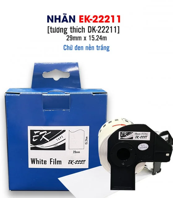 Nhãn film nhựa màu trắng EK-22211 (DK-22211), chống nước, 29mm x 15m (liên tục), tương thích DK-22211