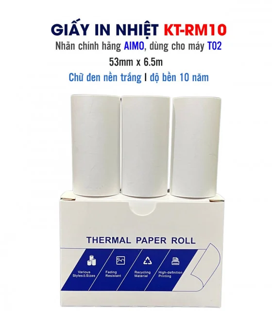 Giấy nhiệt màu trắng cho T02, độ bền 10 năm, 53mm x 6.5m, KT-RM10 chính hãng AIMO