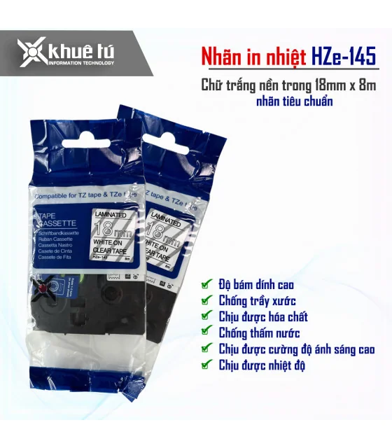 Nhãn in HZe-145 (TZe-145, TZ2-145), 18mm x 8m, White on Clear