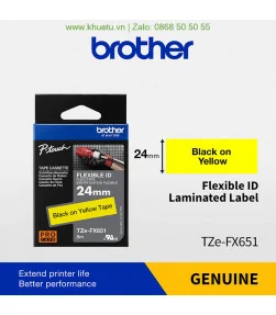 Brother TZe-FX651, khổ 24mm, dài 8m, Black on Yellow, siêu dẻo, chống thấm nước | ⓿❽❻❽❺⓿❺⓿❺❺ | Nhãn in, tem in, giấy in, băng...