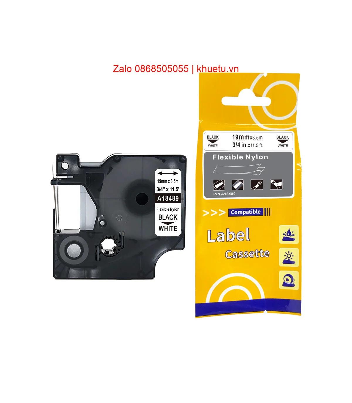 Rhino Flexible Nylon 3/4" (19mm), Black on White (18489) | ⓿❽❻❽❺⓿❺⓿❺❺ | Nhãn in, tem in, giấy in, băng nhãn, tape in | khuetu.vn