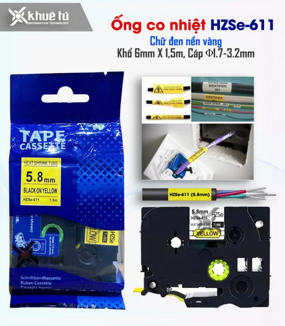 Ống co nhiệt HZSe-611, , khổ 6mm x 1,5m, cáp 1.7-3.2mm, màu vàng