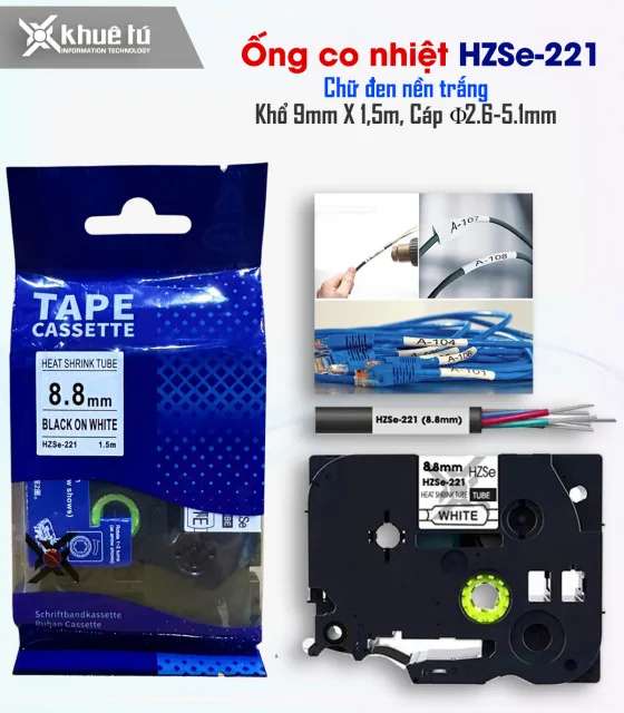 Ống co nhiệt HZSe-221, khổ 9mm x 1,5m, cáp 2.6-5.1mm, màu trắng