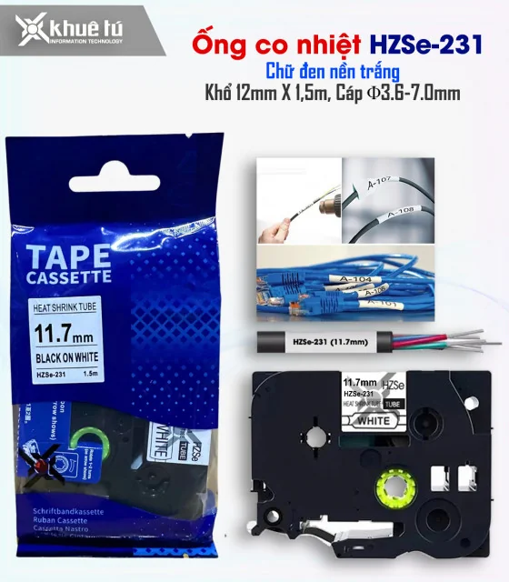 Ống co nhiệt HZSe-231, khổ 12mm x 1,5m, cáp 3.6-7.0mm, màu trắng