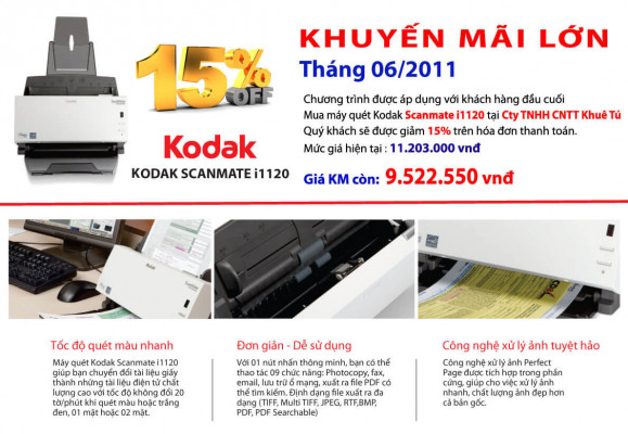 Khuyến Mãi Lớn: Giảm Giá 15% Khi Mua Kodak ScanMate i1120 Tại Khuê Tú